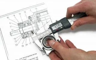 Sliding caliper measuring metal nut with plans blueprints in the background.