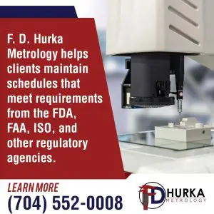 A sophisticated metrology machine with a part being inspected, conveying F. D. Hurka Metrology's capability to help clients meet regulatory requirements.