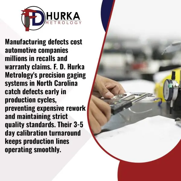 F. D. Hurka Metrology advertisement focusing on preventing automotive manufacturing defects. The image shows a person using precision measurement tools. The text explains that manufacturing defects cost millions and that F. D. Hurka Metrology's precision gaging systems catch defects early, preventing rework and maintaining quality standards with a 3-5 day calibration turnaround.