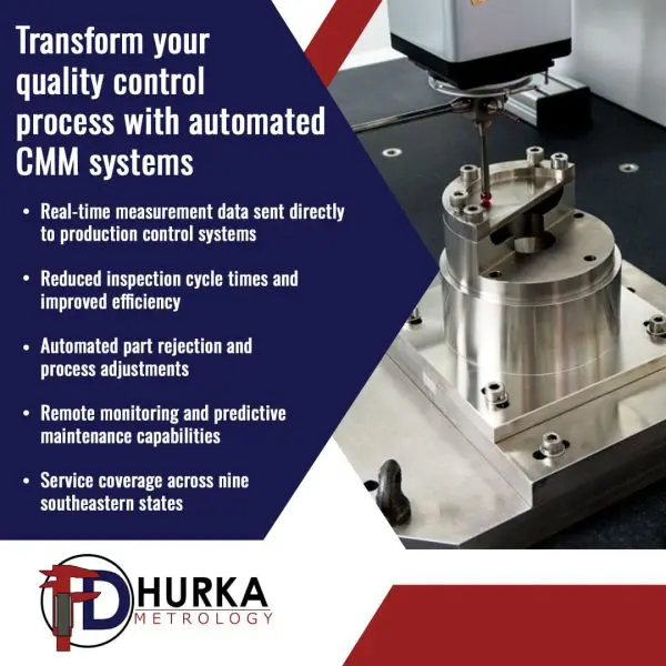 A coordinate measuring machine (CMM) stylus probing a metallic part in an industrial quality control setting.