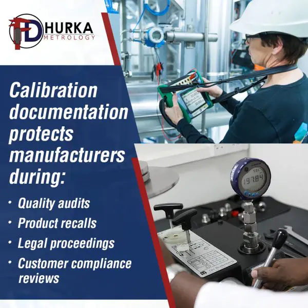 F.D. Hurka Metrology technician performing field calibration on industrial equipment to protect manufacturers during quality audits and product recalls.