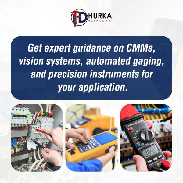 Three-panel display showing technicians using electrical testing tools and precision instruments for industrial applications and automated gaging.