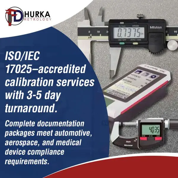 Close-up of a Mitutoyo digital caliper, surface finish tester, and micrometer, promoting ISO/IEC 17025-accredited calibration services with 3-5 day turnaround.