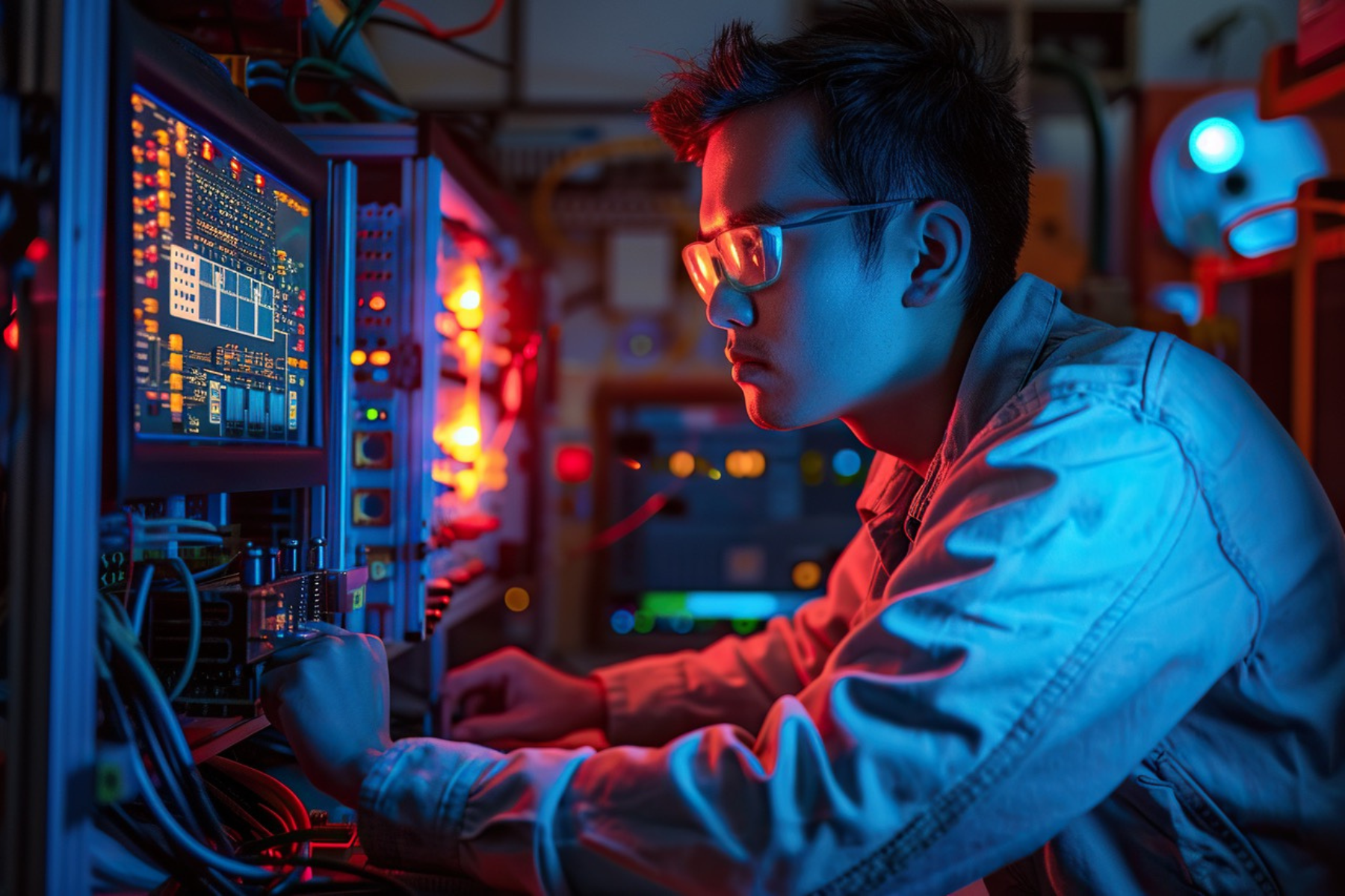 Image depicts a person working at a control panel or computer system with multiple screens and colorful lights, likely in a high-tech or industrial environment. The scene is illuminated with blue and red lighting, highlighting the cables, equipment, and the individual's focused posture, suggesting a technical or engineering task.