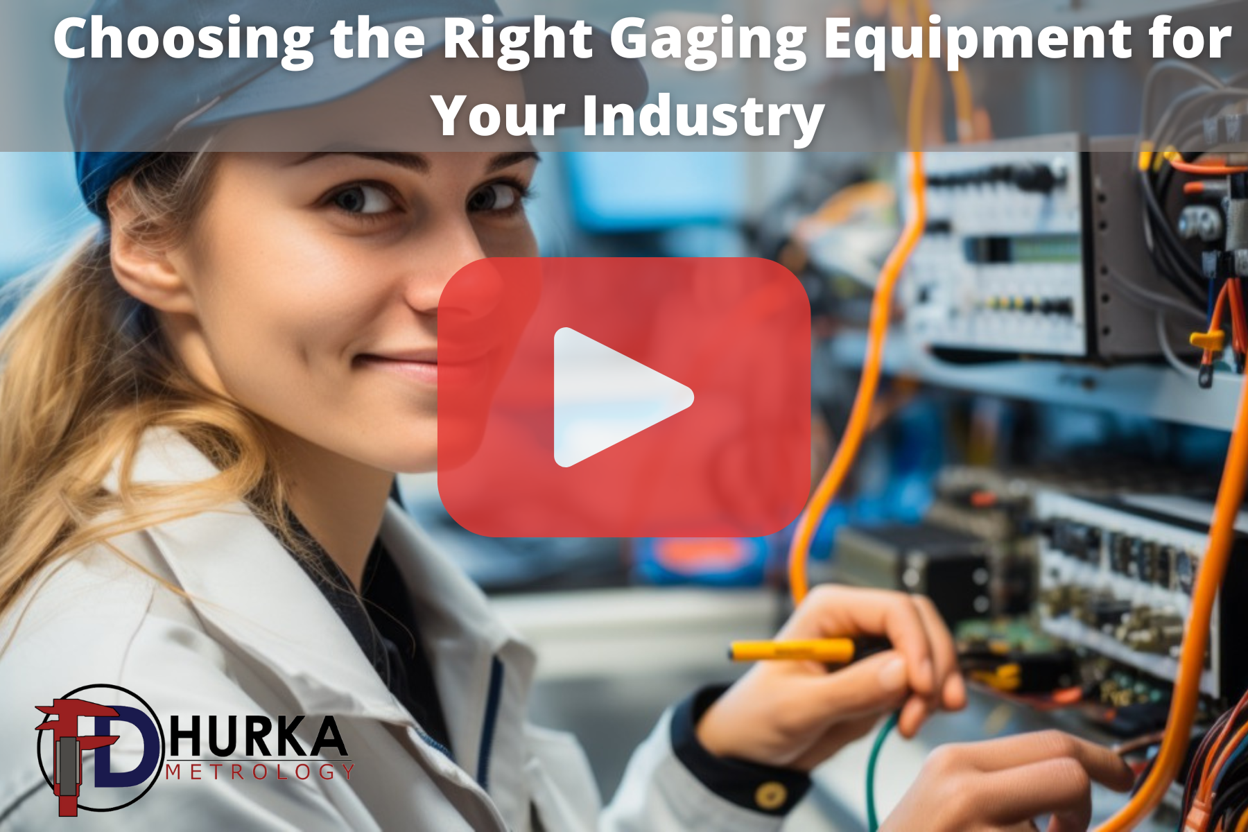 A female technician smiles while calibrating electronic equipment in a lab; captioned “Choosing the Right Gaging Equipment for Your Industry” with a play button and Hurka Metrology branding.