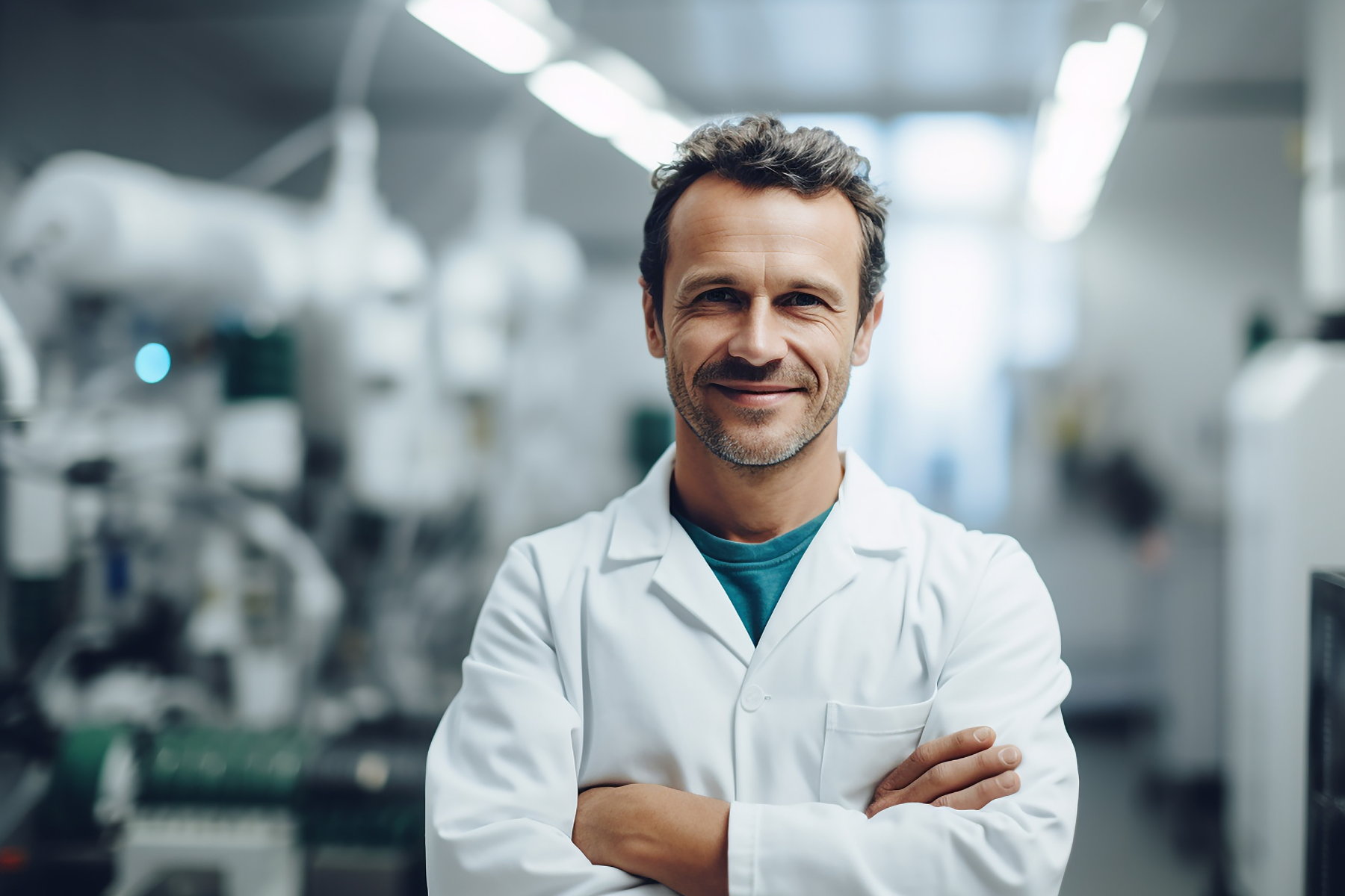 A professional in a white lab coat standing with arms crossed in a modern industrial or laboratory setting, with blurred machinery in the background.