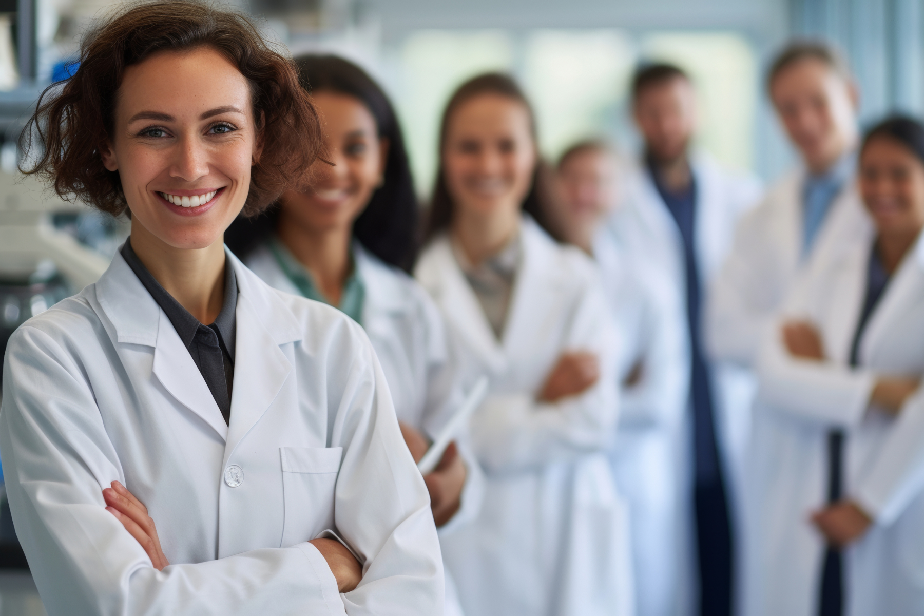 A group of professionals in white lab coats standing together with arms crossed, suggesting a team environment in a laboratory or research facility.
