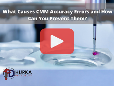 Video thumbnail showing a CMM probe touching a machined metal part, with a red play button overlay and FD Hurka Metrology logo.