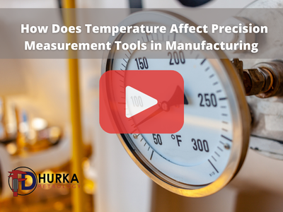 Video thumbnail showing a close-up of a round temperature gauge, with a red play button overlay and FD Hurka Metrology logo.