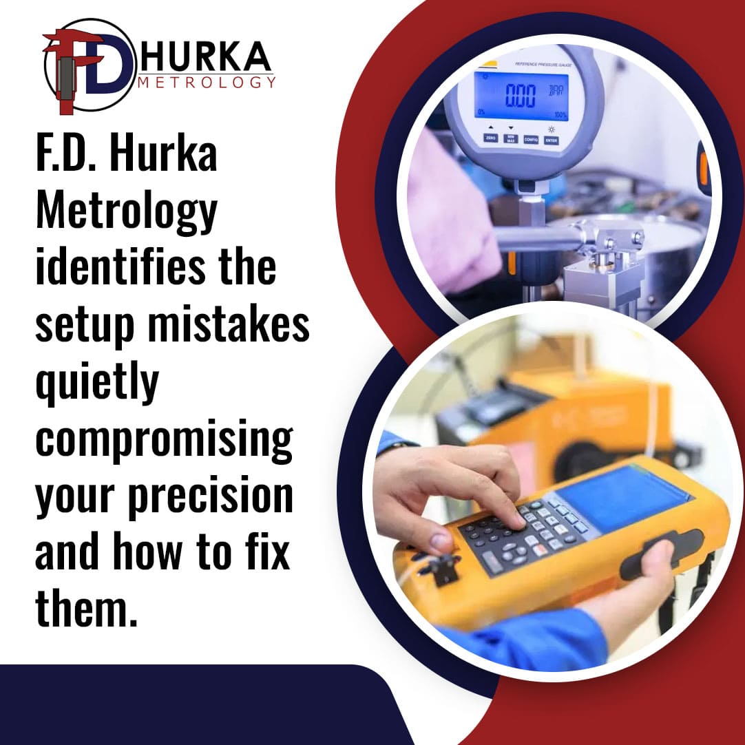 Digital pressure gauge and metrology calibration setup used to identify precision measurement and equipment setup issues