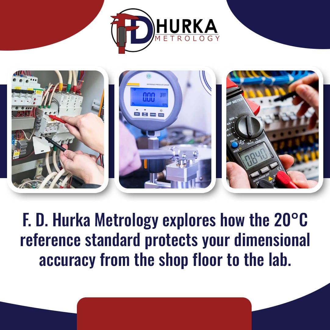Promotional graphic from F.D. Hurka Metrology exploring how the 20 degrees Celsius reference standard protects dimensional accuracy from the shop floor to the lab. Three circular inset photos illustrate a technician wiring an electrical panel, a digital reference pressure gauge system, and a professional using a digital clamp meter.