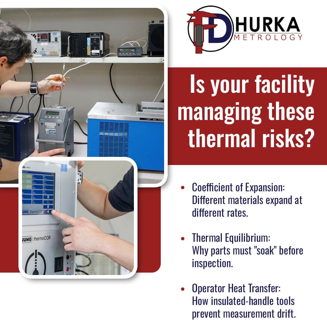 Educational graphic by F.D. Hurka Metrology asking 'Is your facility managing these thermal risks?' It details the coefficient of expansion, thermal equilibrium, and operator heat transfer. Accompanying images show a technician performing a calibration test with laboratory thermal baths and an operator using a JUMO thermoCOR digital touchscreen control panel.