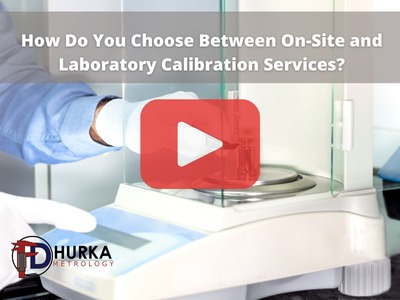 Person working in lab, wearing gloves. Red play buttom overlay and FD Hurka logo. Words:How Do You Choose Between On-Site and Laboratory Calibration Services?